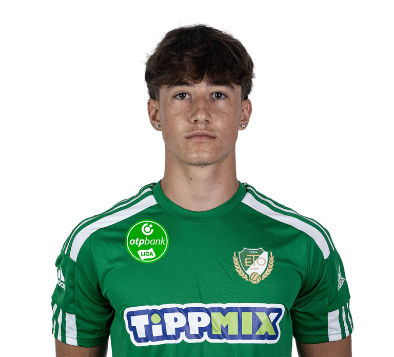 Bánáti Kevin, az ETO FC Győr fiatal középpályása a csapat hivatalos mezében.